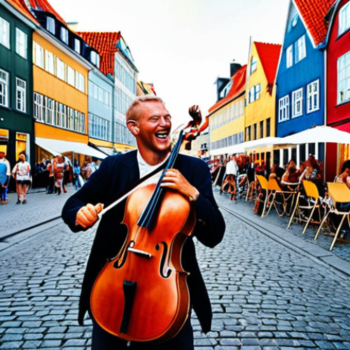 Home 11 **
"A vibrant Copenhagen street scene during the Copenhagen Jazz Festival. Focus on the lively atmosphere, with musicians playing jazz music, people smiling, colorful buildings in the background, and sunny weather. Capture the energy and warmth of a Danish summer evening. Consider a photojournalistic style."
**