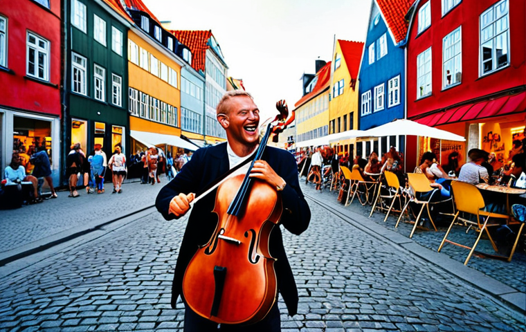 **
"A vibrant Copenhagen street scene during the Copenhagen Jazz Festival. Focus on the lively atmosphere, with musicians playing jazz music, people smiling, colorful buildings in the background, and sunny weather. Capture the energy and warmth of a Danish summer evening. Consider a photojournalistic style."
**