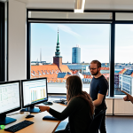 **

A modern, bright open-plan office in Copenhagen, Denmark. Several young, diverse software developers are collaborating around a large monitor displaying code. One developer is pointing at the screen and explaining something to the others. The atmosphere is energetic and creative. In the background, large windows offer a view of the city skyline. The scene should evoke innovation and collaboration in the tech industry.

**