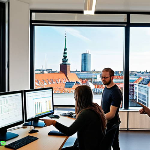 Home 6 **
A modern, bright open-plan office in Copenhagen, Denmark. Several young, diverse software developers are collaborating around a large monitor displaying code. One developer is pointing at the screen and explaining something to the others. The atmosphere is energetic and creative. In the background, large windows offer a view of the city skyline. The scene should evoke innovation and collaboration in the tech industry.
**