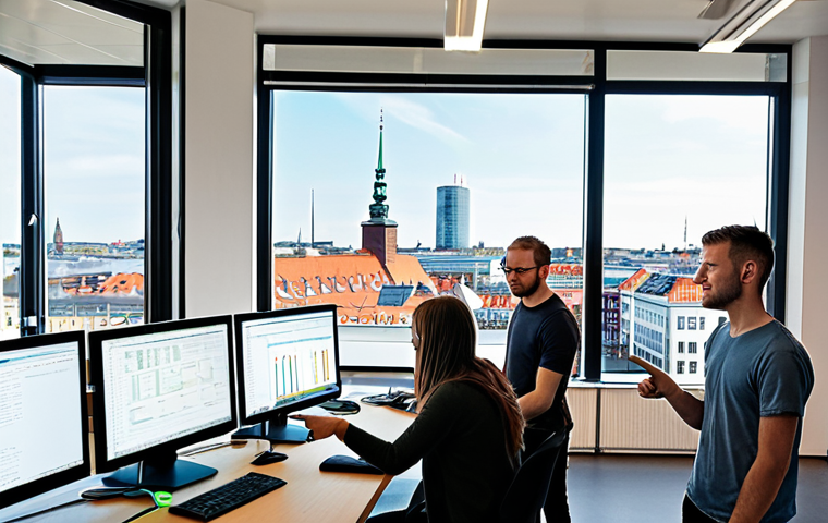 **
A modern, bright open-plan office in Copenhagen, Denmark. Several young, diverse software developers are collaborating around a large monitor displaying code. One developer is pointing at the screen and explaining something to the others. The atmosphere is energetic and creative. In the background, large windows offer a view of the city skyline. The scene should evoke innovation and collaboration in the tech industry.
**