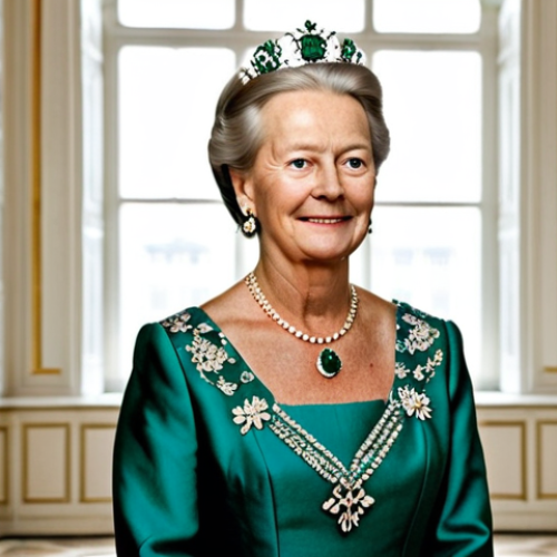 **

"Queen Margrethe II of Denmark, in a formal, elegant gown with subtle embroidery, wearing the Danish Emerald Parure tiara, addressing the nation in a grand hall of Amalienborg Palace, fully clothed, appropriate attire, safe for work, perfect anatomy, natural proportions, professional photography, high quality, regal, dignified, warm lighting, family-friendly."

**