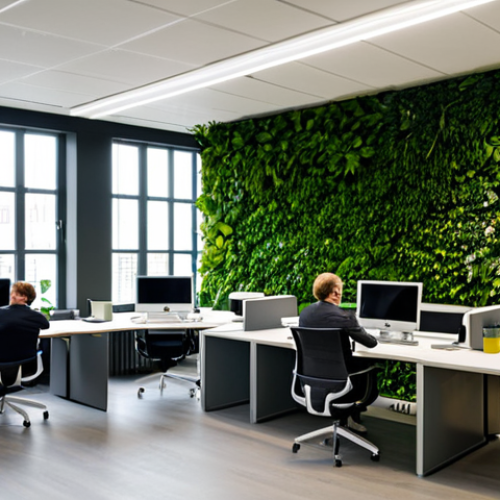 **

"A modern, eco-friendly office space in Copenhagen, Denmark. Focus on innovative workspace design, featuring green walls, sustainable materials, and collaborative work areas. Several professionals, fully clothed in business casual attire, are collaborating on a project. The scene emphasizes sustainability and technological advancement. Safe for work, appropriate content, fully clothed, professional environment, perfect anatomy, natural proportions, high quality."

**