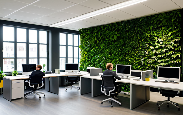 **

"A modern, eco-friendly office space in Copenhagen, Denmark. Focus on innovative workspace design, featuring green walls, sustainable materials, and collaborative work areas. Several professionals, fully clothed in business casual attire, are collaborating on a project. The scene emphasizes sustainability and technological advancement. Safe for work, appropriate content, fully clothed, professional environment, perfect anatomy, natural proportions, high quality."

**