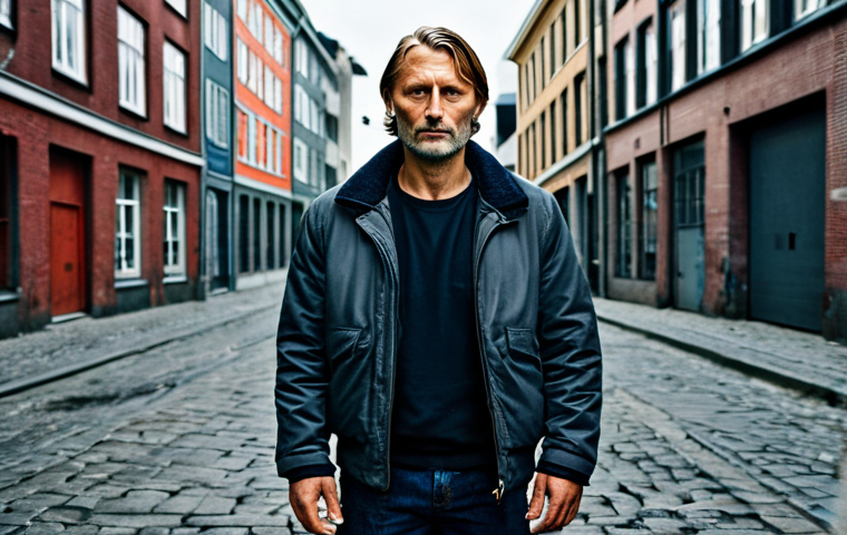 덴마크 출신 배우 매즈 미켈슨 - **Prompt:** A portrait of Mads Mikkelsen as Tonny from the movie "Pusher," fully clothed in appropri...