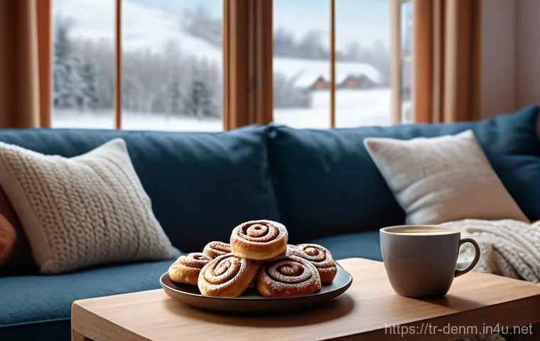 덴마크와 스웨덴 비교 - Danish Hygge Indoor Scene**
A warm and inviting living room embodying Danish Hygge. Soft, ambient li...