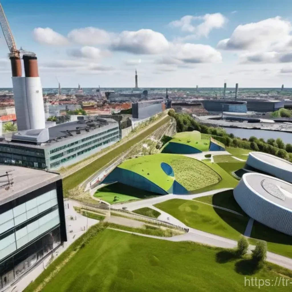 덴마크의 쓰레기 관리 및 재활용 시스템 - **Urban Green Energy Hub with Recreation:**
    A vibrant, wide-angle shot of the Copenhill (Amager ...