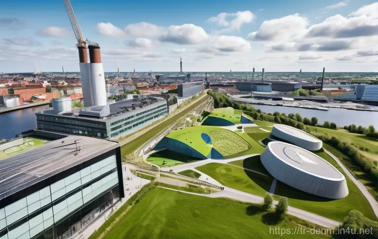 덴마크의 쓰레기 관리 및 재활용 시스템 - **Urban Green Energy Hub with Recreation:**
A vibrant, wide-angle shot of the Copenhill (Amager ...