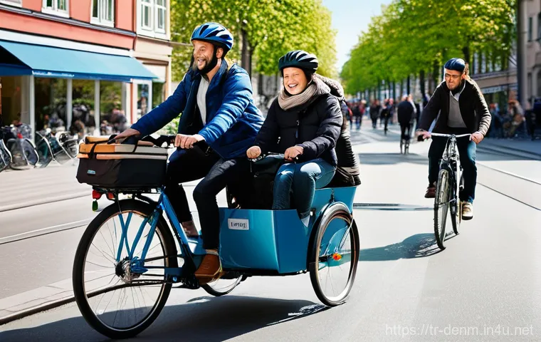덴마크 자전거 문화와 도로 시스템 - **Prompt:** A vibrant, documentary-style shot of a bustling street in Copenhagen, Denmark, during a ...