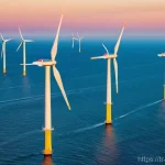 덴마크와 독일의 관계사 - **A futuristic vision of a vast offshore wind farm in the North Sea at dawn, symbolizing the powerfu...
