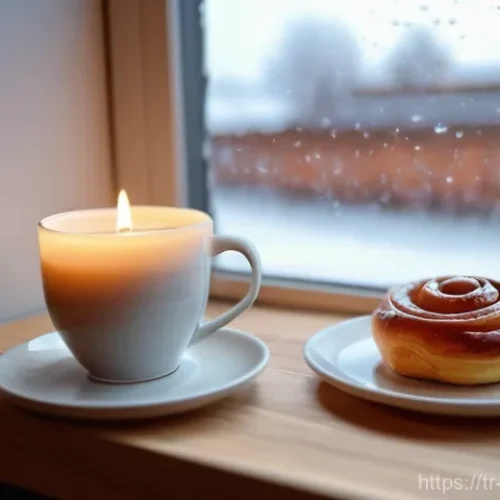 Home 20 덴마크 여행 시 주의할 점 - A cozy and inviting Danish cafe interior bathed in soft, warm candlelight. A person, fully clothed i...