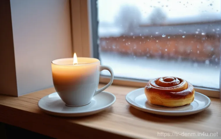 덴마크 여행 시 주의할 점 - A cozy and inviting Danish cafe interior bathed in soft, warm candlelight. A person, fully clothed i...