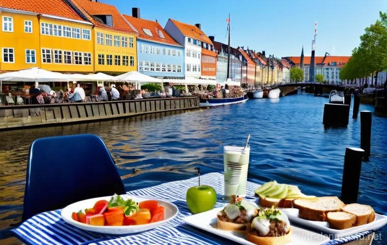 덴마크 여행 시 주의할 점 - A vibrant street scene in Copenhagen on a sunny day, showcasing its famous bicycle culture. A person...